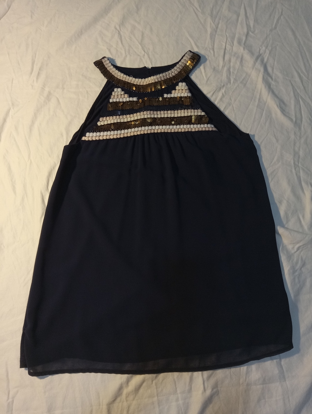 The Limited, Embellished Cream and Gold, Navy Women's Sleeveless Top Medium